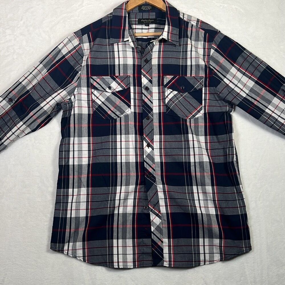Eighty Eight Platinum Men's Long Sleeve Button‎ Up Shirt, blue gray red Plaid, L